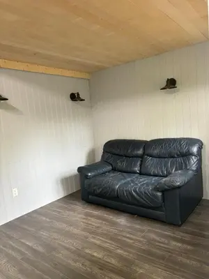 a black leather couch sitting in a room at Wiley Woods Cottage in Minden