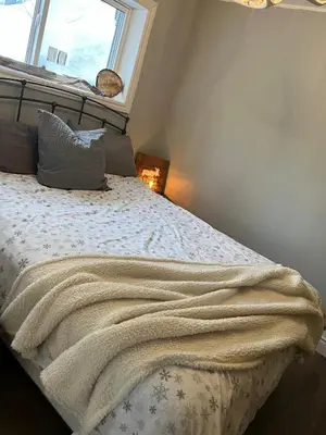 a bedroom with a bed with a blanket and a window at Wiley Woods Cottage in Minden