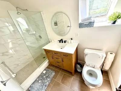 a bathroom with a toilet and a shower and a sink at Mono Farmhouse in Caledon