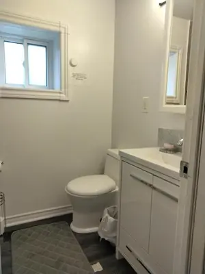a bathroom with a toilet and a sink and a window at Sartawi Place -Studio at Georgian Bay in Waubaushene
