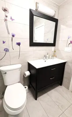 a bathroom with a toilet and a sink and a mirror at The Downtown Gem Toronto in Toronto