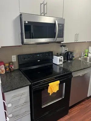 a kitchen with a black stove and a microwave at Cozy Ensuite private room homestay in Mississauga