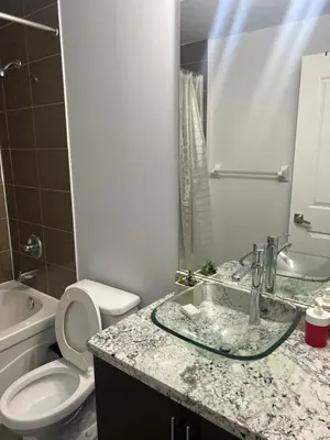 a bathroom with a white toilet and a sink at Cozy Ensuite private room homestay in Mississauga