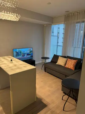 a living room with a couch and a television at Cozy 1 Bedroom Downtown in Toronto
