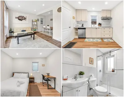 a kitchen and a living room with a bed and a bathroom at Cozy 2BR Home with Workspace Toronto Retreat in Toronto