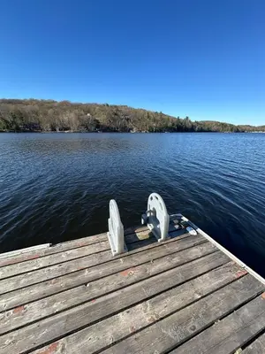 a dock on a body of water with trees in the background at Cozy lakeside Cottage on 3 Mile Lake with Wifi in Windermere