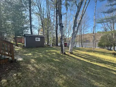 a small shed in a yard next to a lake at Cozy lakeside Cottage on 3 Mile Lake with Wifi in Windermere