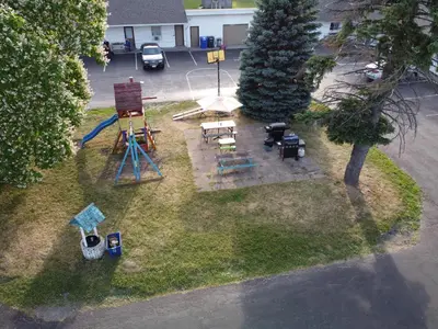 an aerial view of a backyard with a playground at Holiday Home 7865LL in Niagara Falls
