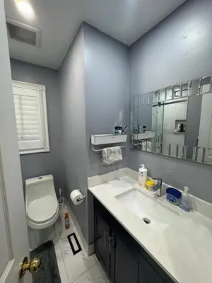 a bathroom with a sink and a toilet and a mirror at Pearson Gateway Comfort Home in Mississauga