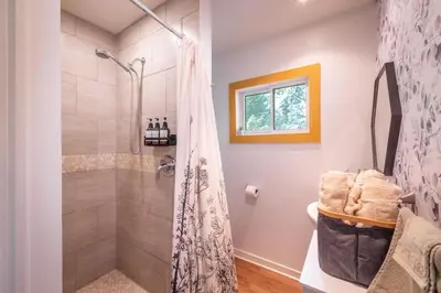 a bathroom with a shower with a shower curtain at Hills Haven - Luxury Riverfront Cottage in Minden