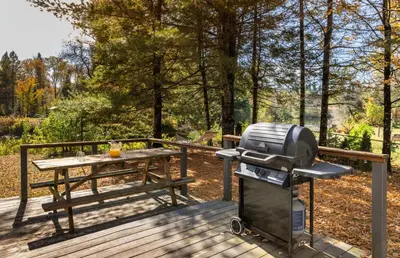a grill on a wooden deck with a picnic table at Hills Haven - Luxury Riverfront Cottage in Minden