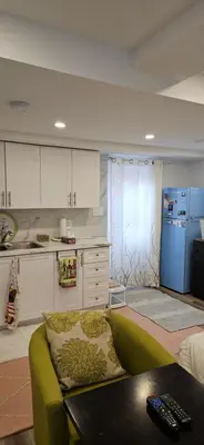 a living room with a couch and a kitchen at Walk out Basement Studio in Smithville