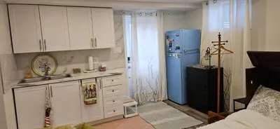 a kitchen with white cabinets and a blue refrigerator at Walk out Basement Studio in Smithville