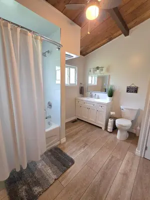 a bathroom with a shower and a toilet and a sink at Lovely Little Lake House in Brighton