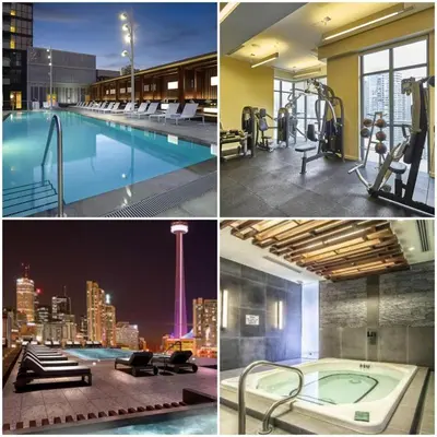 a collage of photos of a hotel with a swimming pool at Downtown CN Tower View Condo with Pool Hot tub and Gym in Toronto