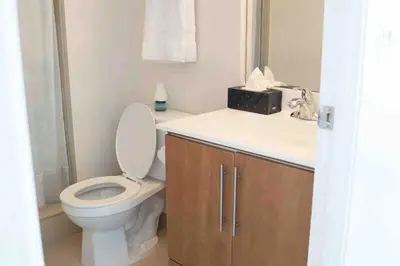 a bathroom with a white toilet and a sink at Spacious 2 bedrooms 2 bathrooms with Cozy Charm plus 1 Parking in Mississauga