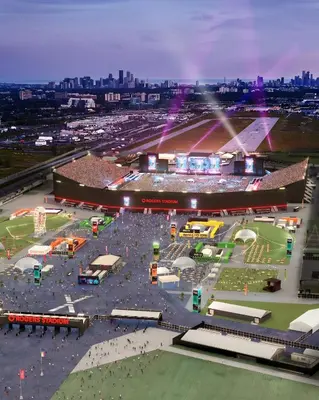 an aerial view of a race track at a stadium at Newly Renovated 3BR North York Bungalow with Backyard Patio & Volleyball Set! Close to Rogers Stadium, TTC Subway Access, Perfect for Family Travel, Group Trips & Work Stays! in Toronto