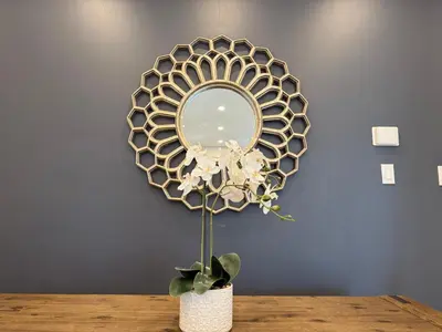 a mirror on a wall with a plant in a vase at Welcome to Your Home Away From Home! in Mississauga