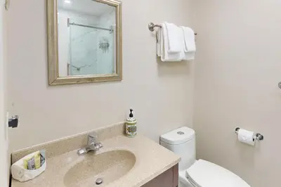 a bathroom with a sink and a mirror and a toilet at The Driftwood Deck in Wasaga Beach