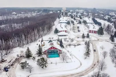 an aerial view of a park covered in snow at King Suite heated Pool Sauna and Kitchen in Shanty Bay