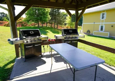 a grill and picnic table under a gazebo at Modern, fully renovated Studio! in Shanty Bay