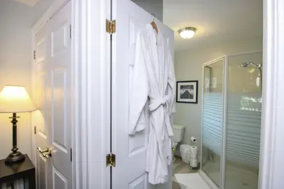 a white bathroom with a shower and a toilet at The Jypsy Inn - Tuxedo Room Muskoka in Bracebridge