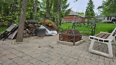 a patio with a bench and a tree and a stump at Cozy 1BR Garden Suite Innisfil Beach Park in Innisfil