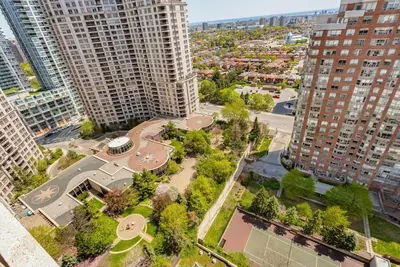 an aerial view of a city with tall buildings at Stylish 2BR with Great View! Steps from Square One in Mississauga
