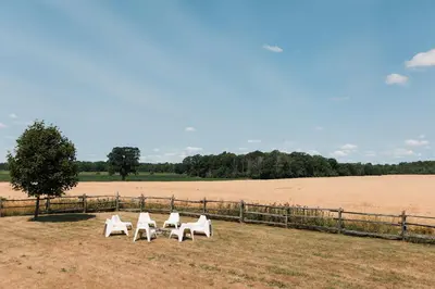 a group of white chairs sitting in a field at Babcock-Hubbs House in Carrying Place