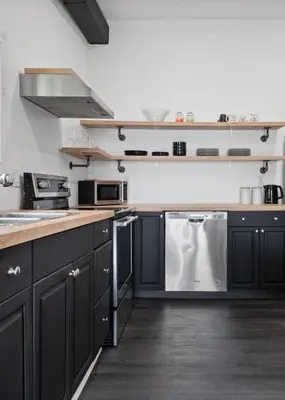 a kitchen with black cabinets and stainless steel appliances at Lake lodge 6 in Frankford