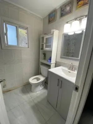 a white bathroom with a toilet and a sink at Peaceful and Private Room in Brampton