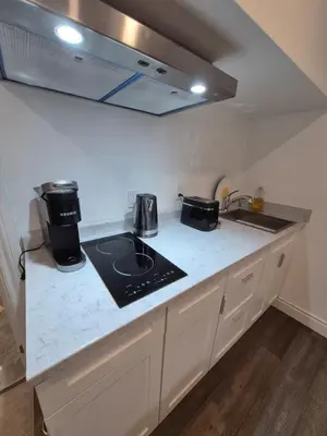 a kitchen with a stove and a counter top at Compact,1BR Guesthouse Studio in Guelph