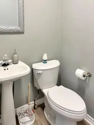 a bathroom with a white toilet and a sink at Cozy Retreat with Netflix and Work Desk in Fort Erie