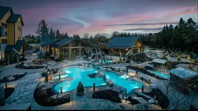 an aerial view of a water park at a resort at Luxurious Villa 3 Living Rooms, 1 sofa bed, 4 bedrooms, 4 Beds, 4 Toilets, 1 hour To Toronto in Oshawa