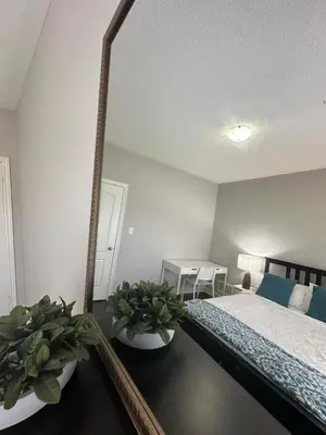 a bedroom with a large mirror and a bed at Luxurious Villa 3 Living Rooms, 1 sofa bed, 4 bedrooms, 4 Beds, 4 Toilets, 1 hour To Toronto in Oshawa