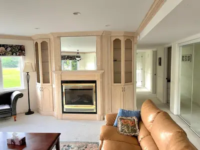 a living room with a couch and a fireplace at Summer Escape Close to the City in Newmarket