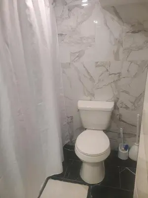 a bathroom with a toilet and a white shower curtain at 132 Chatham ave in Toronto