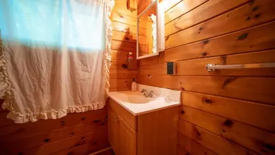 a bathroom with a sink and a mirror and wooden walls at Lake Muskoka 3-bdrm Cottage - Pier 100 #70 in Port Carling