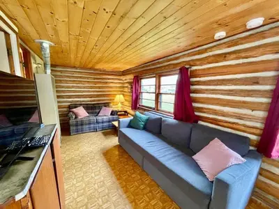 a living room with a blue couch in a log cabin at 1-Bedroom Balsam Lake Cottage #9 in Kawartha Lakes
