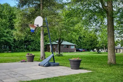 a basketball hoop in a park with two plants at 1-Bedroom Balsam Lake Cottage #9 in Kawartha Lakes