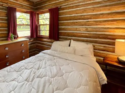 a bedroom with a bed and a wooden wall at Balsam Lake - 2-Bedroom House in Kawartha #15 in Kawartha Lakes