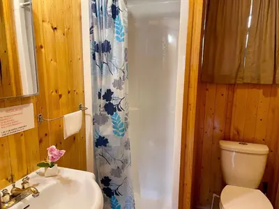 a bathroom with a toilet and a sink and a shower at Balsam Lake - 2-Bedroom House in Kawartha #15 in Kawartha Lakes