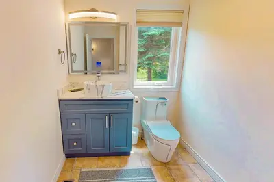 a bathroom with a blue cabinet and a toilet at Monterra in Collingwood