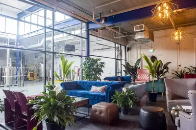 a living room with a blue couch and plants at Stylish & Pet-Friendly 2BR Suite in Trendy Leslieville with Portable AC Nearest Intersection Eastern Ave in Toronto