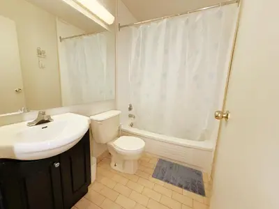 a bathroom with a sink and a toilet and a shower at Idlewood Inn in Toronto