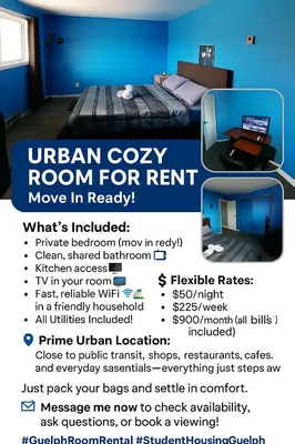 an advertisement for an urban cozy room for rent at Urban & Cozy in Guelph
