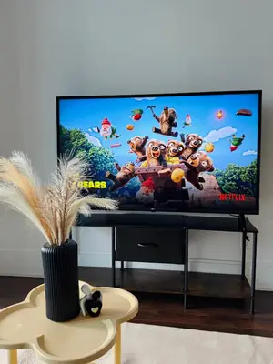 a flat screen tv sitting on a stand in a living room at Modern One Bedroom Near Square One With Free Parking in Mississauga