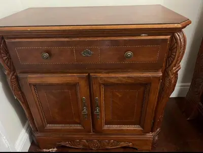 a wooden side table with a wooden top at scarborough home in Toronto