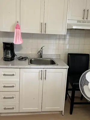 a kitchen with a sink and a black chair at Goldwin's Place in Toronto
