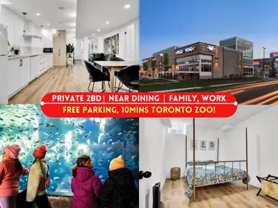 a collage of photos of a house with people in a kitchen at 5mins Shopping, Stylish Modern 2BR Kitchen Suite in Markham in Markham